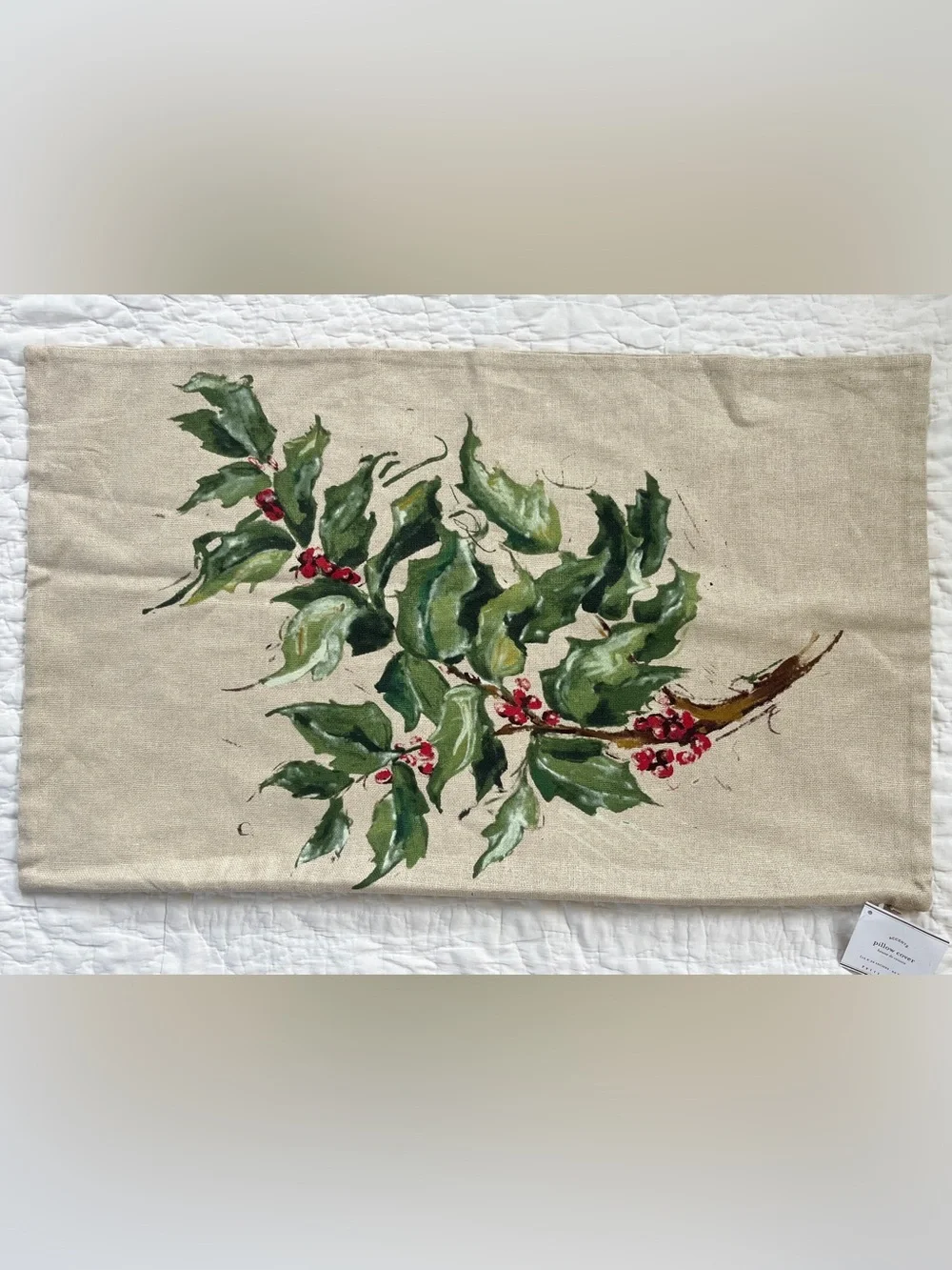 NWT Pottery Barn Christmas Holly Berry Pillow Cover Linen Painted 16x26 Lumbar